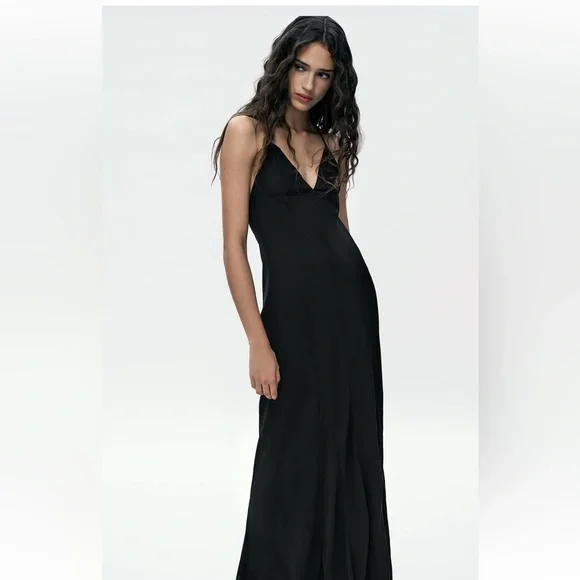 Last one 🚨Zara STRAPPY GAUZE Maxi Dress V-neck Open back strap Lining M NWT - Picture 7 of 13